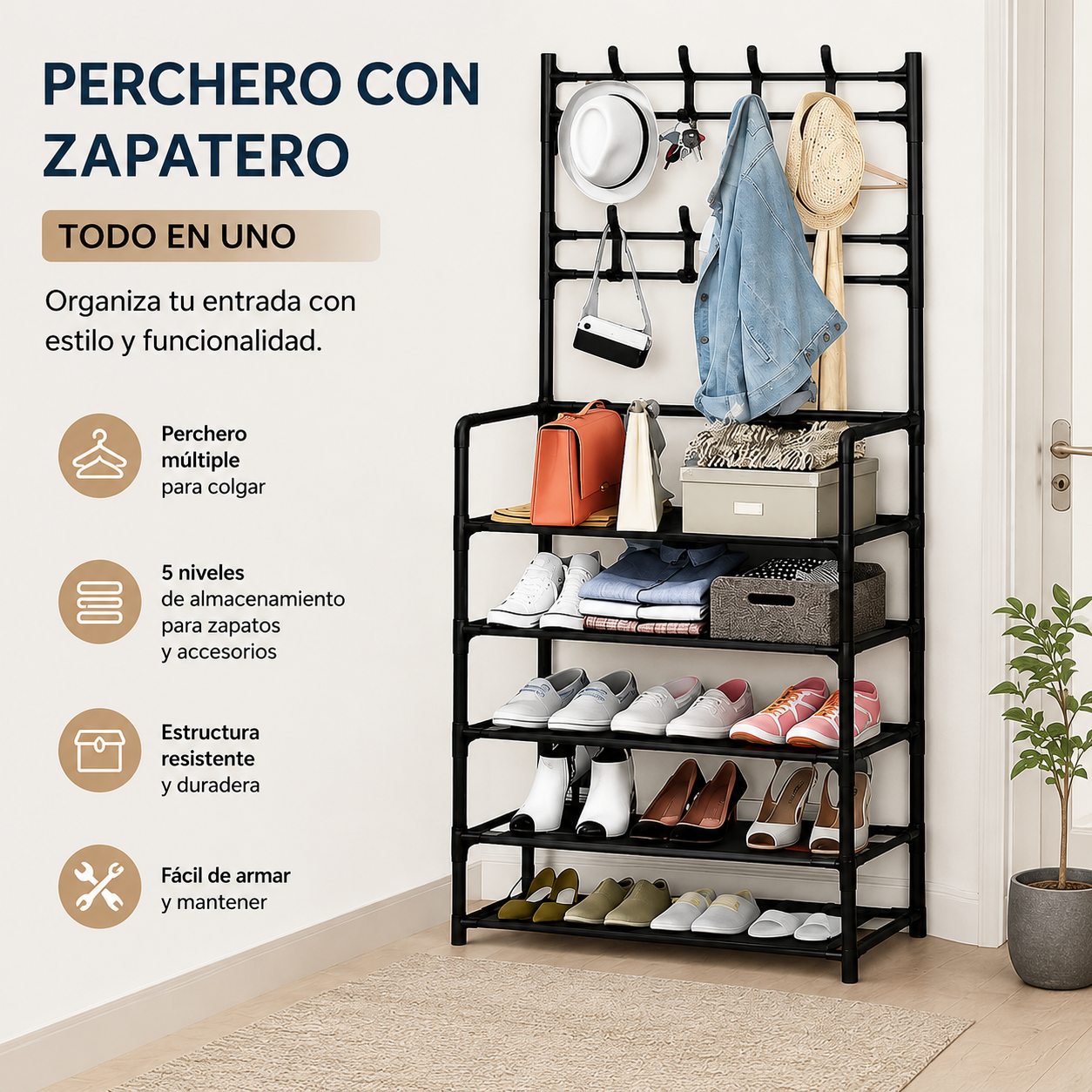 Perchero Zapatero Organizador 5 Estantes 8 Ganchos